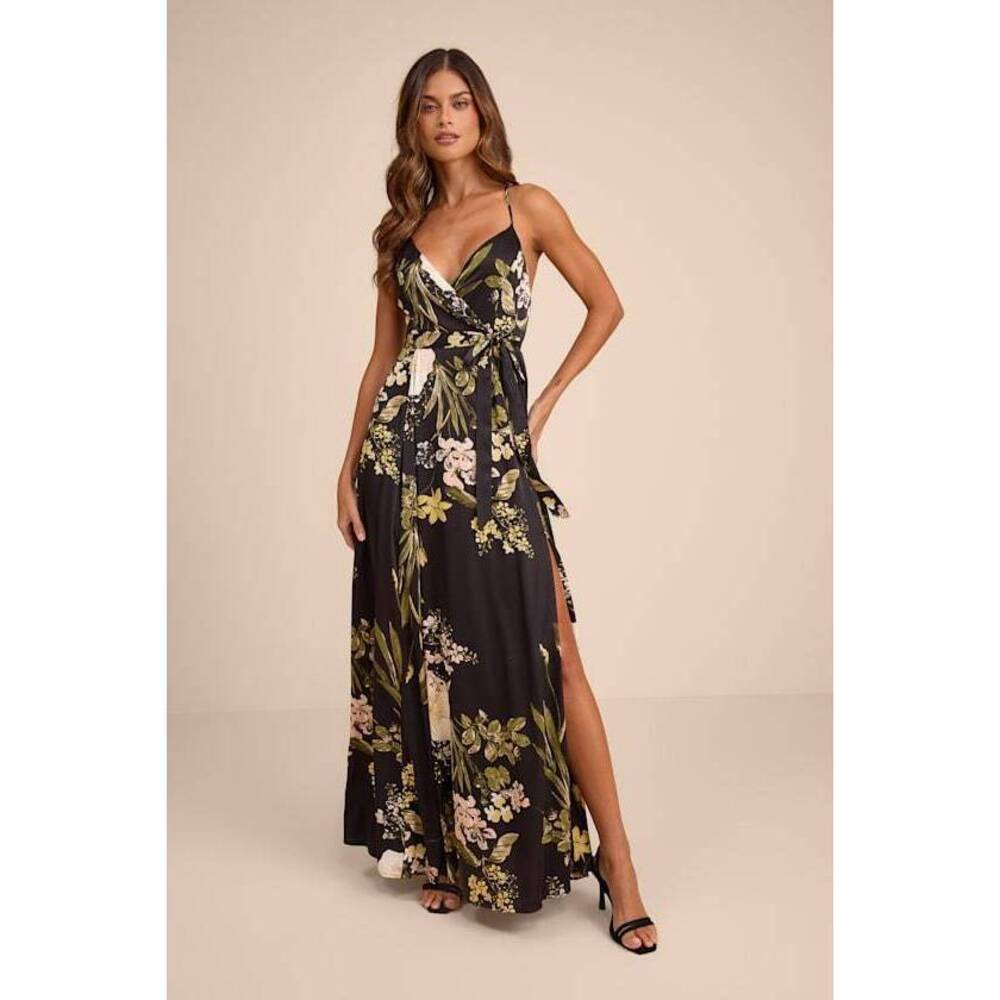 Lulus Still The One Black Floral Print Satin Maxi Dress - Size M